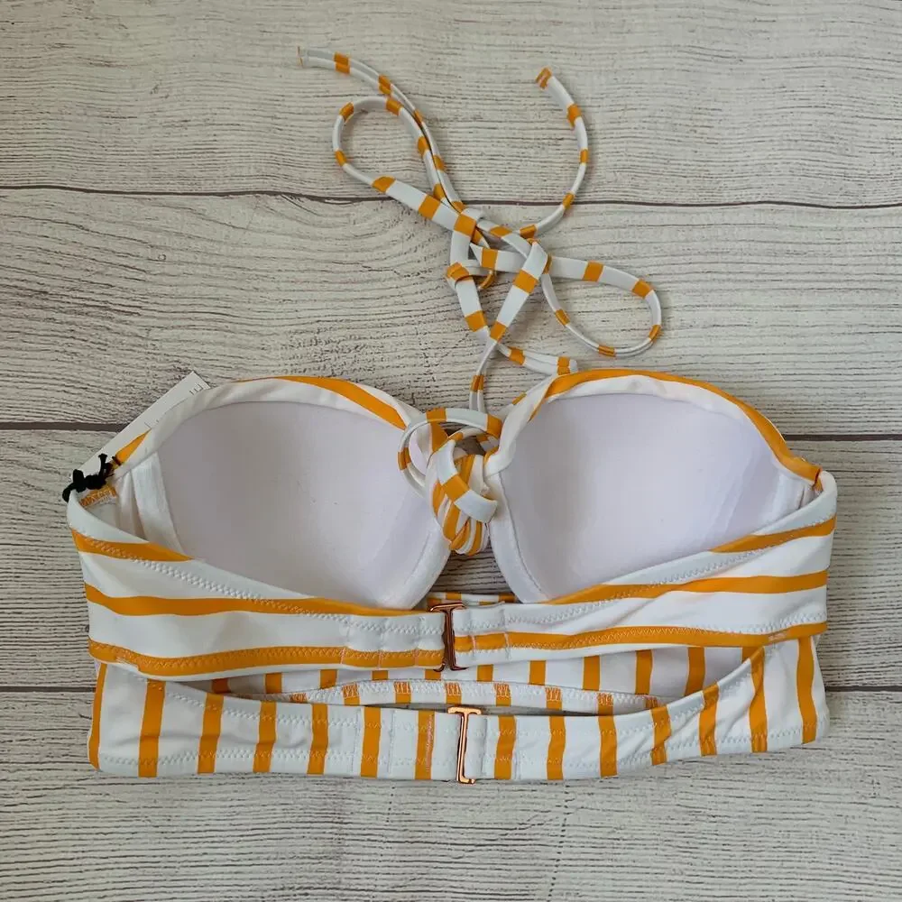 Shade & Shore Yellow and White Stripe Bikini Top Front Keyhole Halter Straps 34A